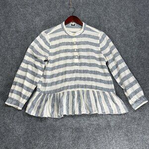 Lucky Brand Top Womens Large Long Sleeve Popover Striped Henley Neck Ruffle Hem